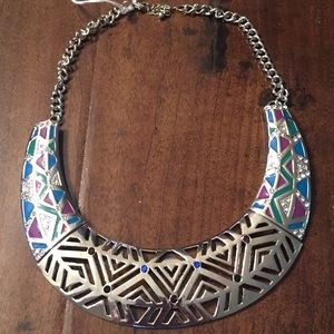 Silvertone Bib Necklace purples and blue